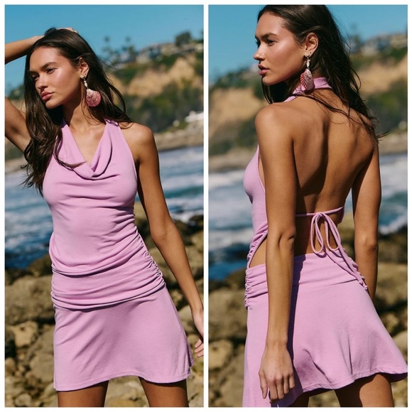 NEW! Free People XS Good Feels Lavender Cowl Neck Halter Backless Mini Dress - Picture 8 of 14